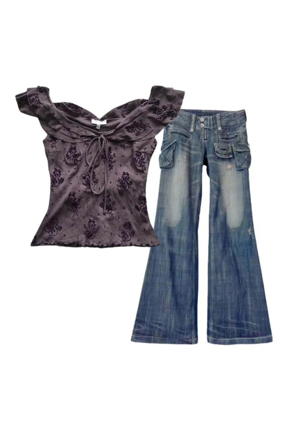 Cargo Chic Wide-Leg Jeans + Fairycore Floral Lace-Up Off-Shoulder Top - 2000s Fashion