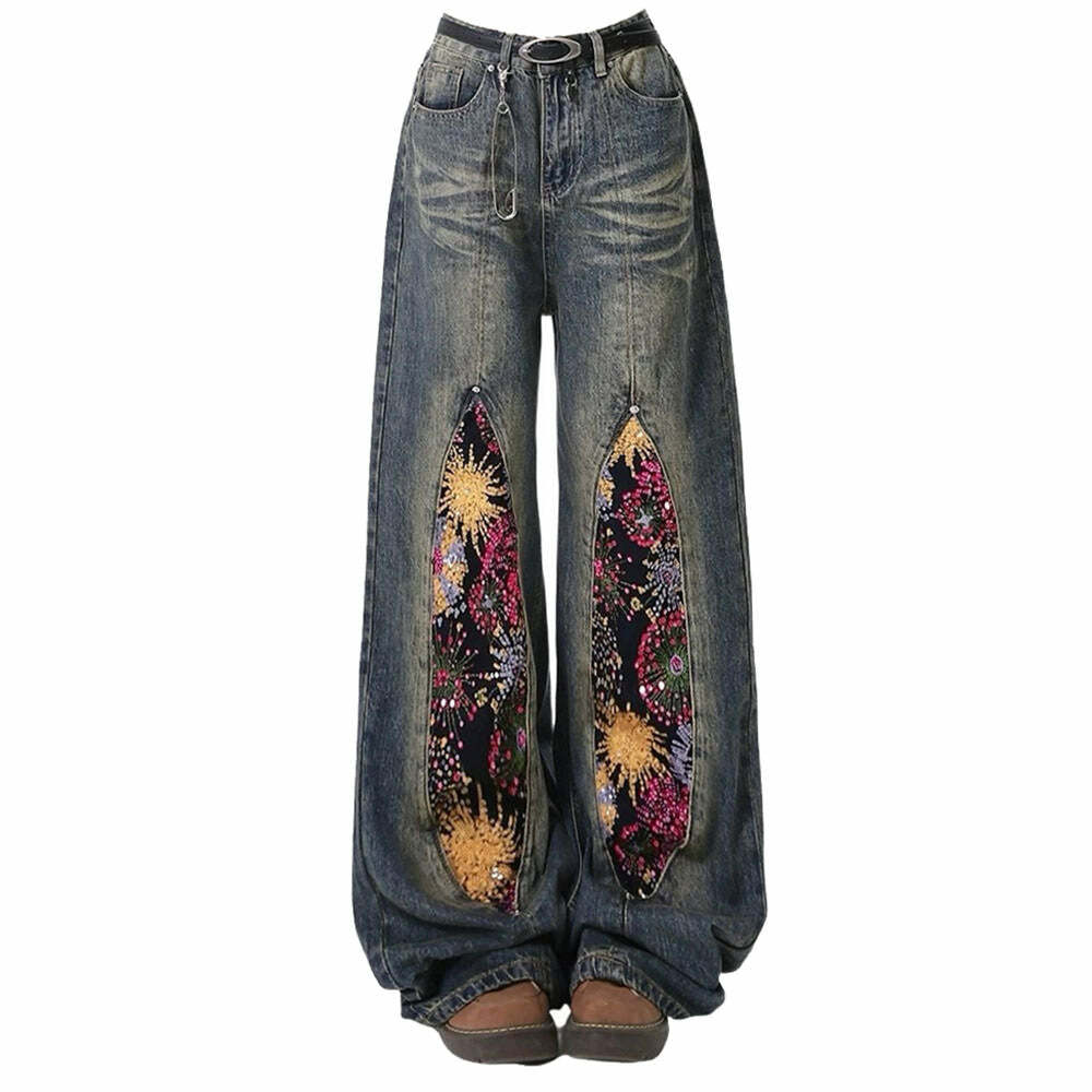 Celestial Magic Wide Leg Jeans - 2000s Fashion, Y2K Aesthetic Outfit