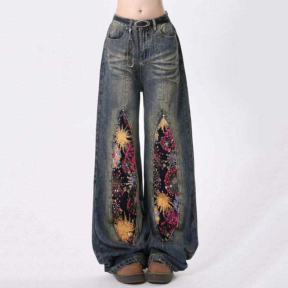 Celestial Magic Wide Leg Jeans - 2000s Fashion, Y2K Aesthetic Outfit