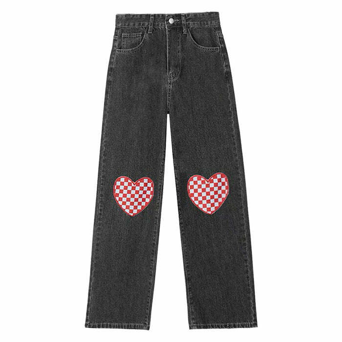 Checker Heart Wide Jeans - 2000s Fashion, Y2K Aesthetic, Vintage Style