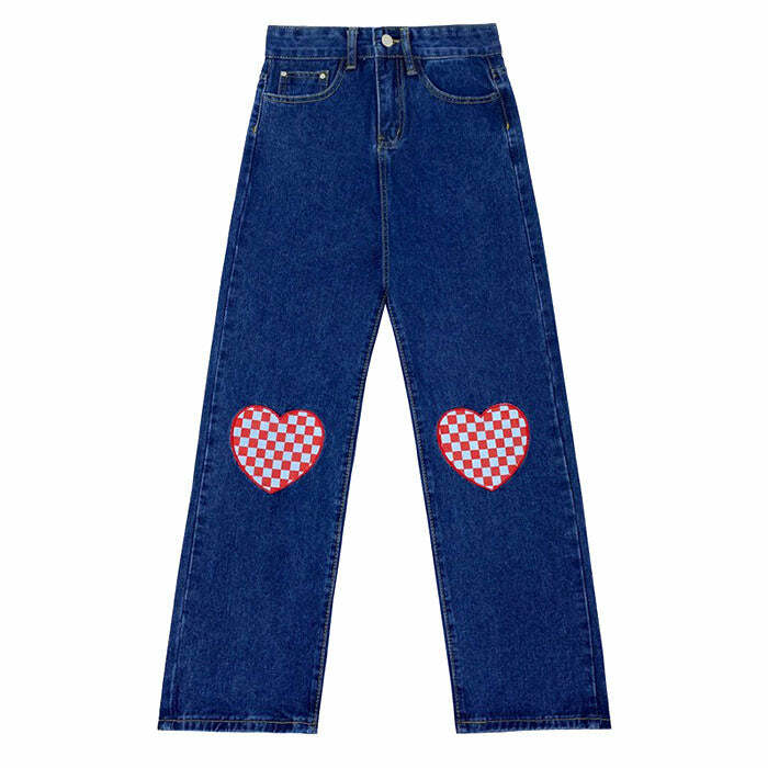 Checker Heart Wide Jeans - 2000s Fashion, Y2K Aesthetic, Vintage Style