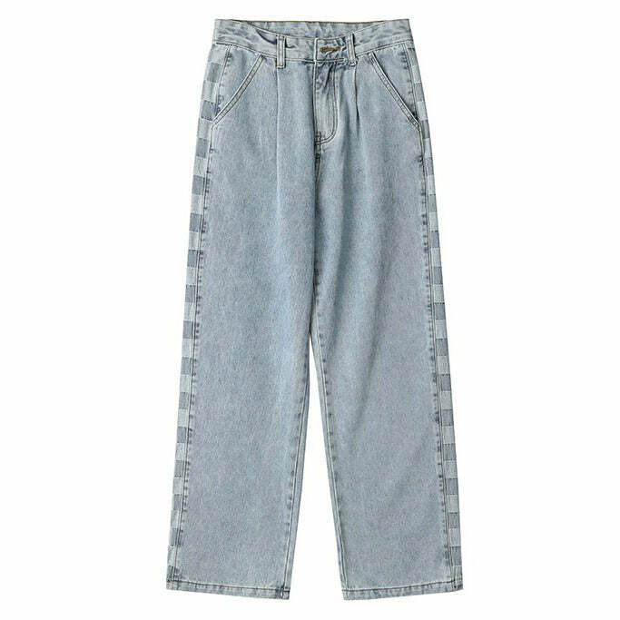 Checker Print Wide-Leg Jeans - 2000s Fashion, Y2K Aesthetic Outfit