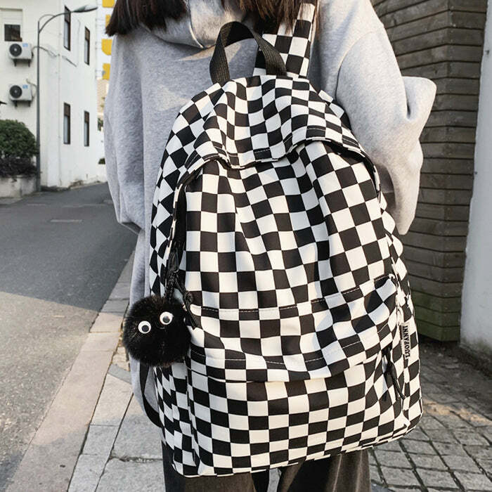 Checkered Canvas Backpack - 2000s Fashion Inspired Y2K Aesthetic Bag