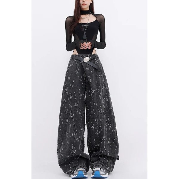 Cosmic Dust Wide-Leg Jeans - 2000s Fashion, Y2K Aesthetic Outfit