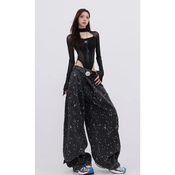 Cosmic Dust Wide-Leg Jeans - 2000s Fashion, Y2K Aesthetic Outfit