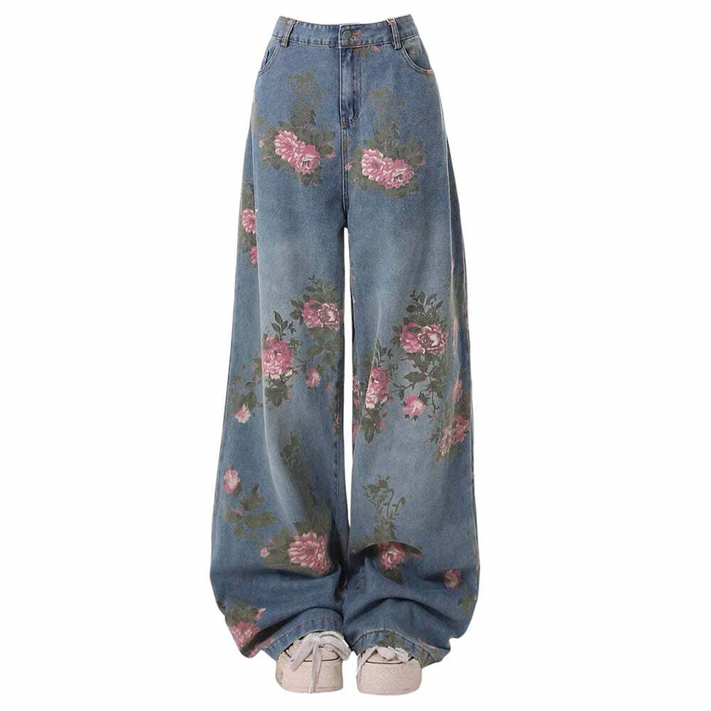 Cottagecore Rose Print Wide Jeans - 2000s Fashion Nostalgia Outfit