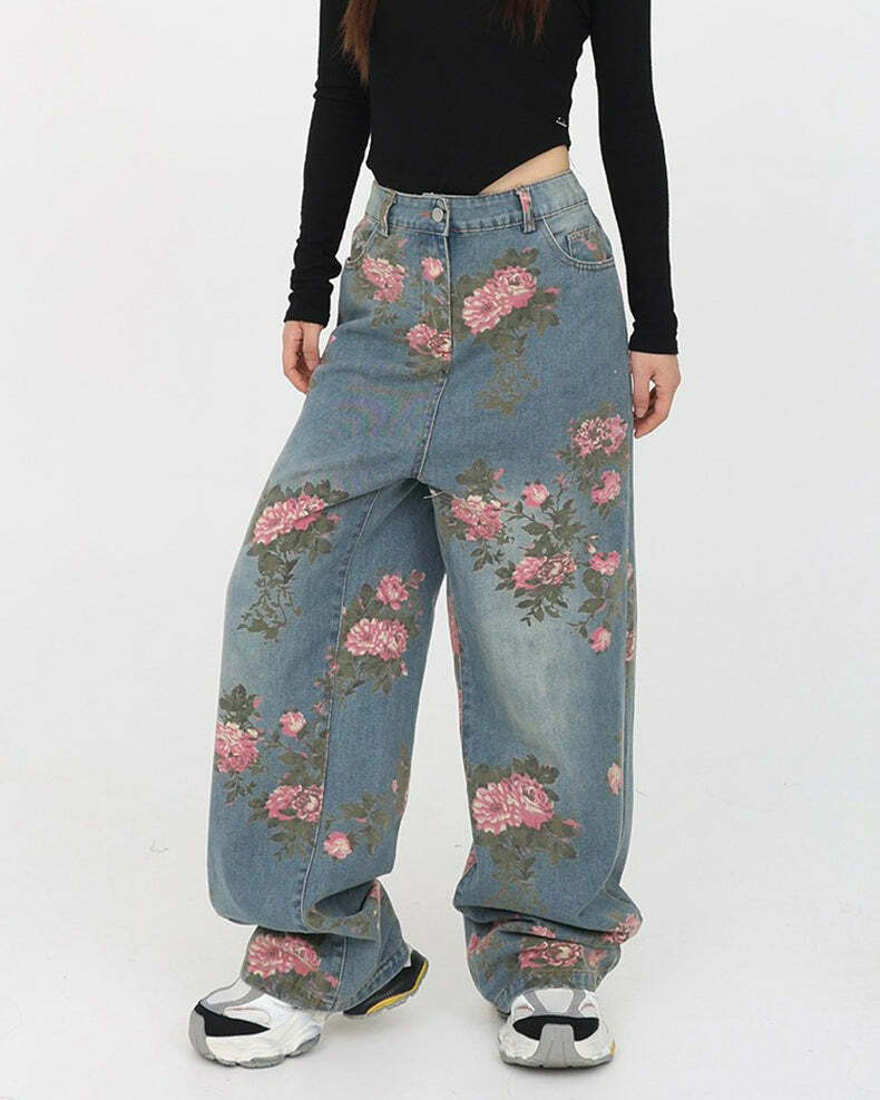 Cottagecore Rose Print Wide Jeans - 2000s Fashion Nostalgia Outfit