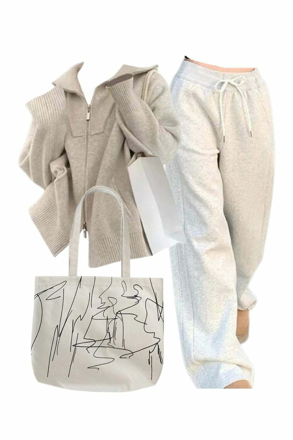 Cozy Neutral Zip-Up Sweater & Vintage Gray Jogging Pants for 2000s Fashion