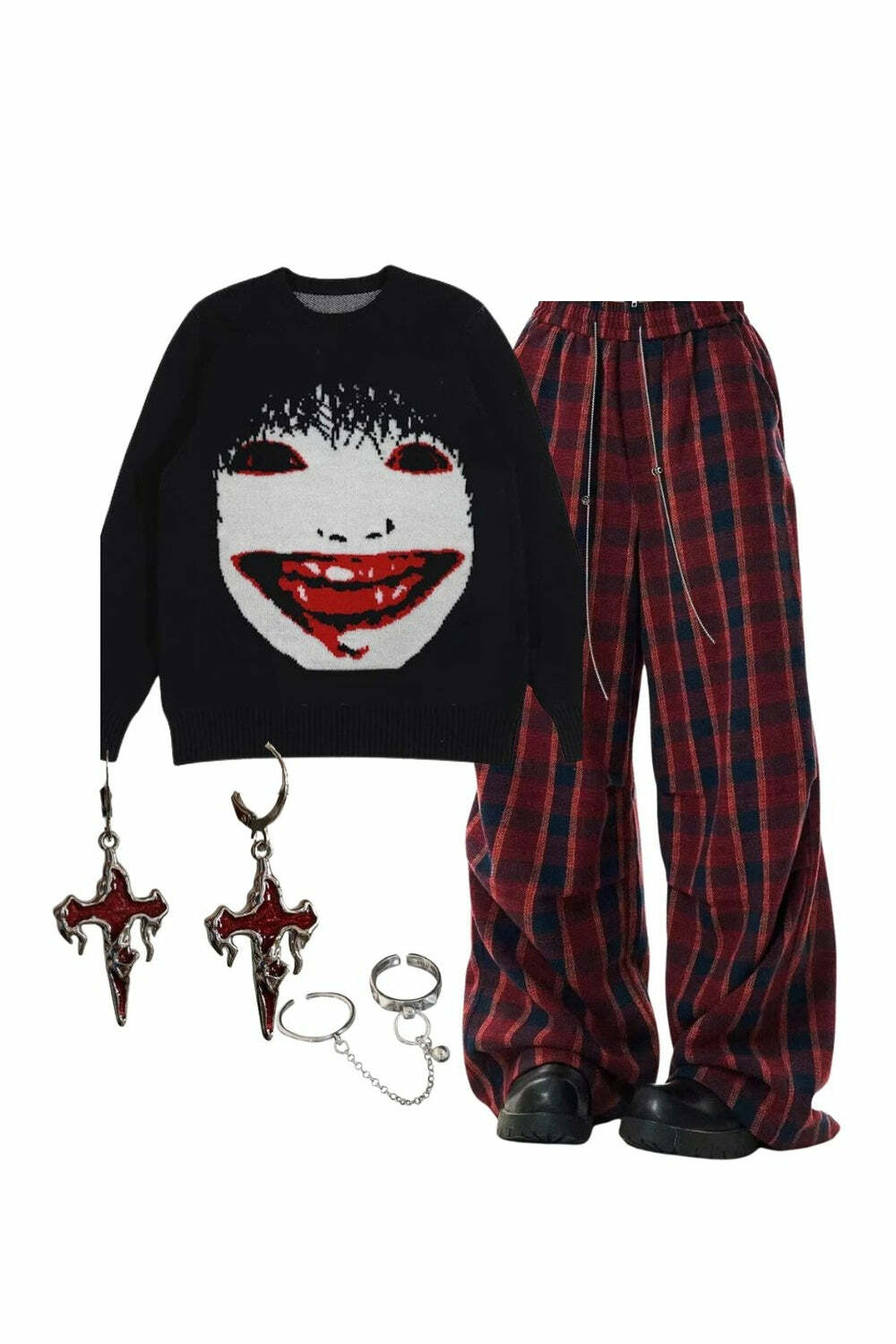 Creepy Smile Knit Sweater & Classic Plaid Baggy Lounge Pants Outfit