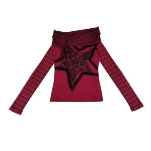 Crimson Chaos Off-Shoulder Top - 2000s Fashion Inspired Women's Wear