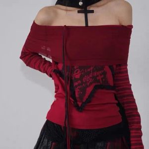 Crimson Chaos Off-Shoulder Top - 2000s Fashion Inspired Women's Wear