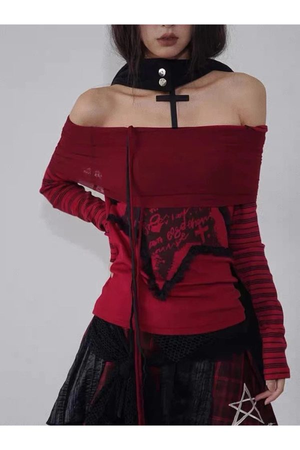 Crimson Chaos Off-Shoulder Top - 2000s Fashion Inspired Women's Wear