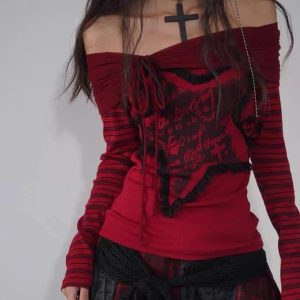 Crimson Chaos Off-Shoulder Top - 2000s Fashion Inspired Women's Wear