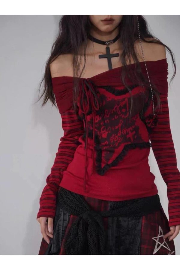 Crimson Chaos Off-Shoulder Top - 2000s Fashion Inspired Women's Wear