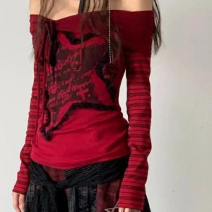 Crimson Chaos Off-Shoulder Top - 2000s Fashion Inspired Women's Wear