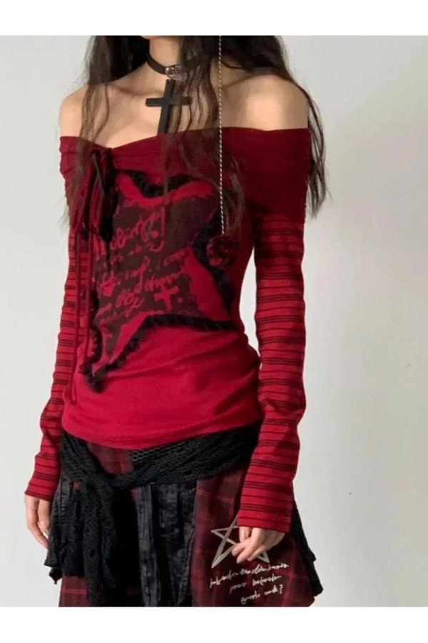 Crimson Chaos Off-Shoulder Top - 2000s Fashion Inspired Women's Wear