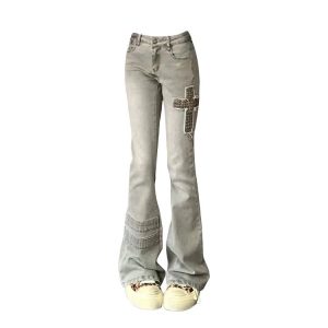 Cross Patch Flare Denim Jeans - 2000s Fashion, Y2K Aesthetic Outfit