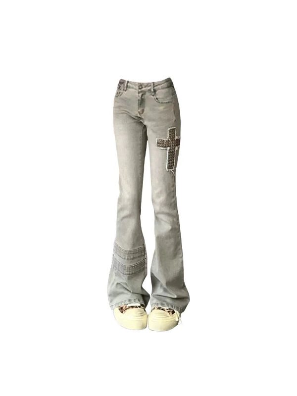 Cross Patch Flare Denim Jeans - 2000s Fashion, Y2K Aesthetic Outfit