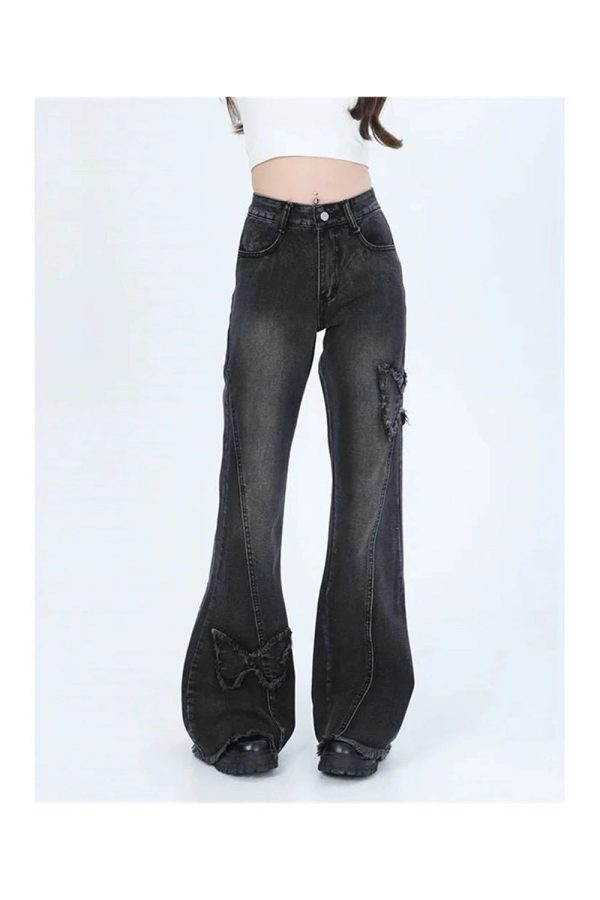 Dark Butterfly Flare Jeans - 2000s Fashion, Nostalgia 2000s Outfits