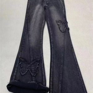 Dark Butterfly Flare Jeans - 2000s Fashion, Nostalgia 2000s Outfits