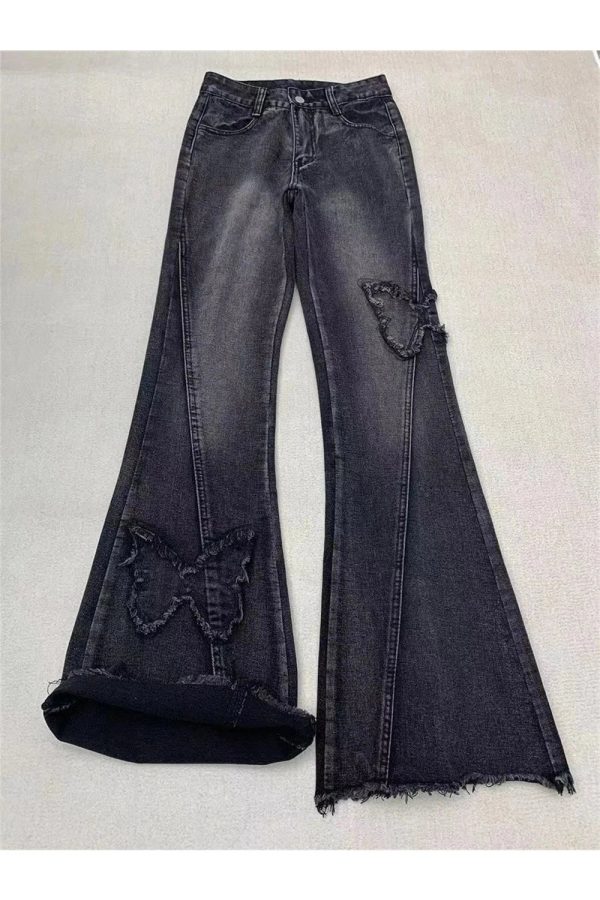 Dark Butterfly Flare Jeans - 2000s Fashion, Nostalgia 2000s Outfits