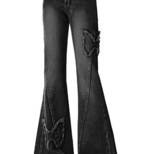 Dark Butterfly Flare Jeans - 2000s Fashion, Nostalgia 2000s Outfits