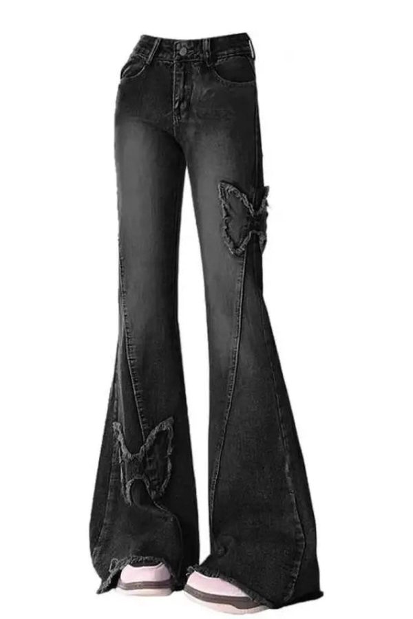 Dark Butterfly Flare Jeans - 2000s Fashion, Nostalgia 2000s Outfits