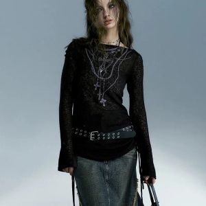 Dark Crucifix Long Sleeve Top - 2000s Fashion, Y2K Aesthetic Outfit