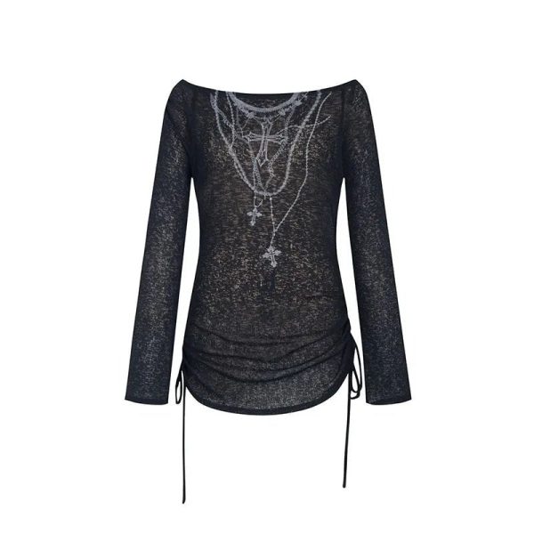 Dark Crucifix Long Sleeve Top - 2000s Fashion, Y2K Aesthetic Outfit