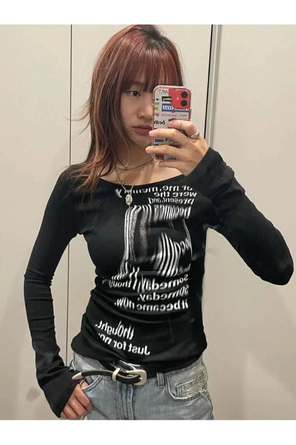 Distorted Text Print Long Sleeve Top - 2000s Fashion Nostalgia Outfit