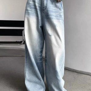 Distressed Light-Wash Wide-Leg Jeans for 2000s Fashion & Nostalgia Outfits