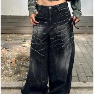 Distressed Marble Wash Wide-Leg Jeans - 2000s Fashion Nostalgia Outfit