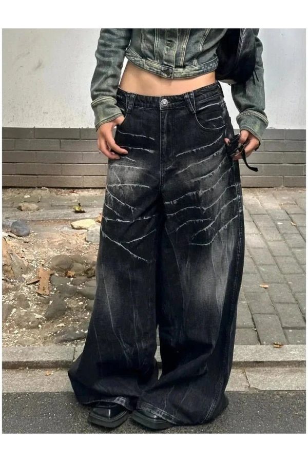 Distressed Marble Wash Wide-Leg Jeans - 2000s Fashion Nostalgia Outfit