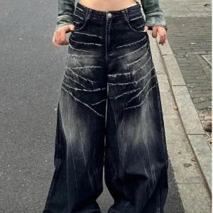 Distressed Marble Wash Wide-Leg Jeans - 2000s Fashion Nostalgia Outfit