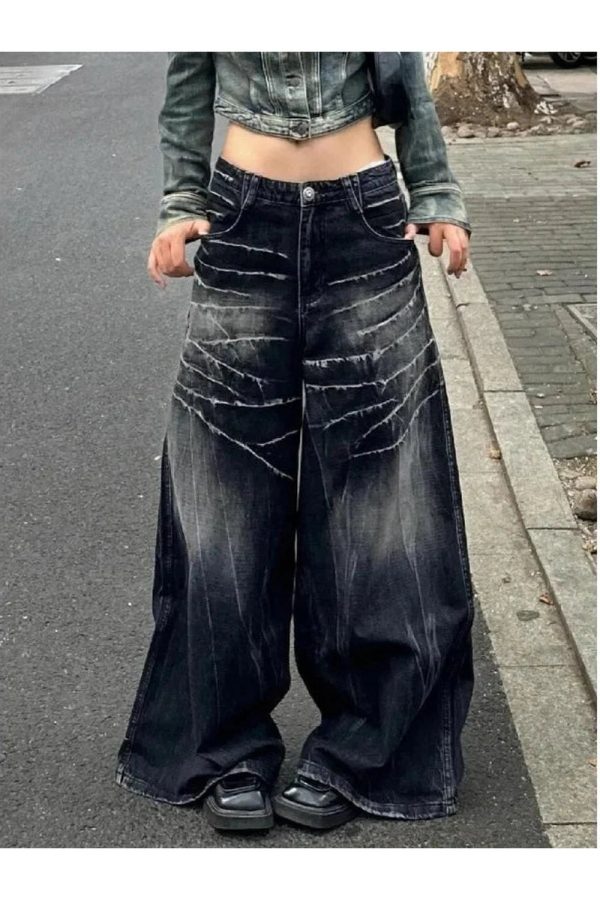 Distressed Marble Wash Wide-Leg Jeans - 2000s Fashion Nostalgia Outfit