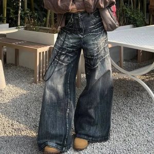 Distressed Marble Wash Wide-Leg Jeans - 2000s Fashion Nostalgia Outfit