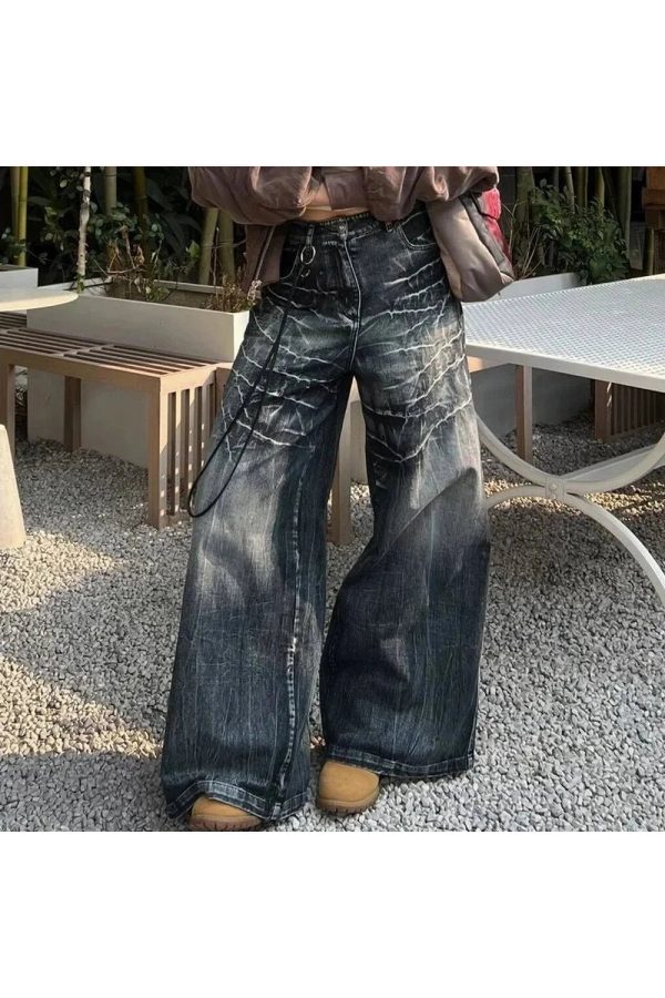 Distressed Marble Wash Wide-Leg Jeans - 2000s Fashion Nostalgia Outfit