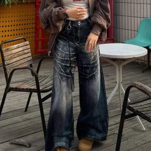 Distressed Marble Wash Wide-Leg Jeans - 2000s Fashion Nostalgia Outfit