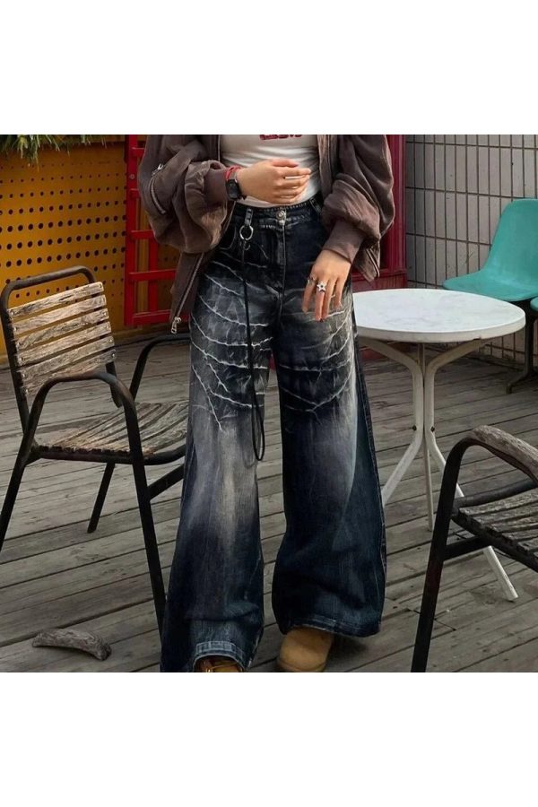 Distressed Marble Wash Wide-Leg Jeans - 2000s Fashion Nostalgia Outfit