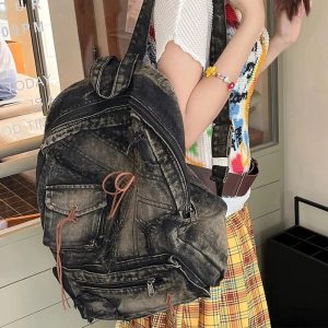 Distressed Vintage Denim Backpack - 2000s Fashion Inspired Style