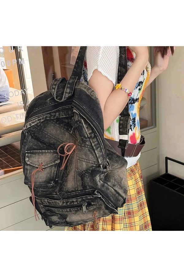 Distressed Vintage Denim Backpack - 2000s Fashion Inspired Style