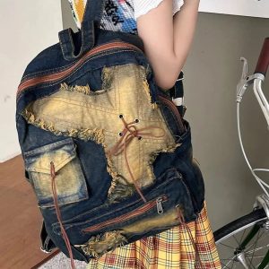 Distressed Vintage Denim Backpack - 2000s Fashion Inspired Style