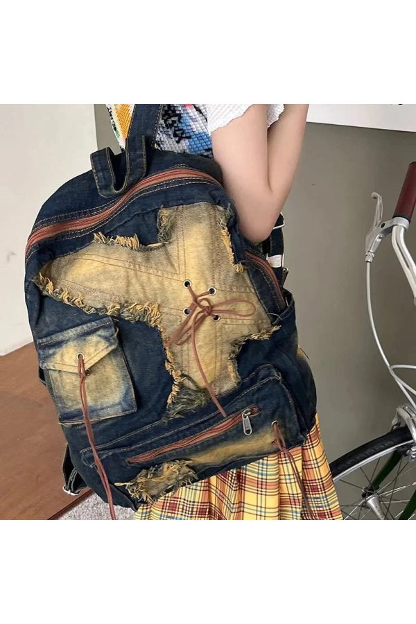 Distressed Vintage Denim Backpack - 2000s Fashion Inspired Style