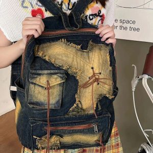 Distressed Vintage Denim Backpack - 2000s Fashion Inspired Style