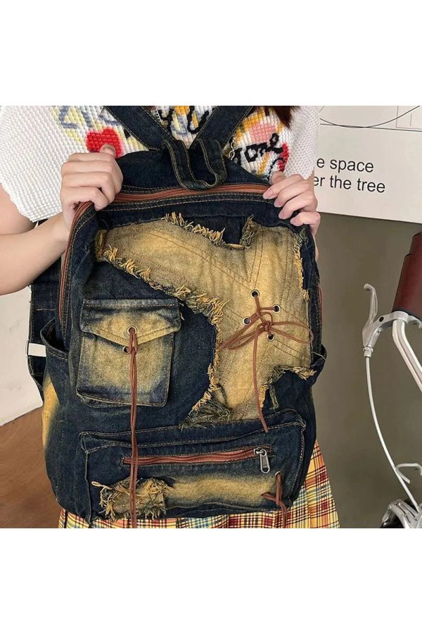 Distressed Vintage Denim Backpack - 2000s Fashion Inspired Style