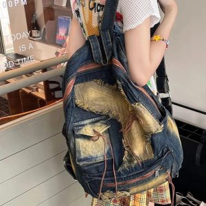 Distressed Vintage Denim Backpack - 2000s Fashion Inspired Style