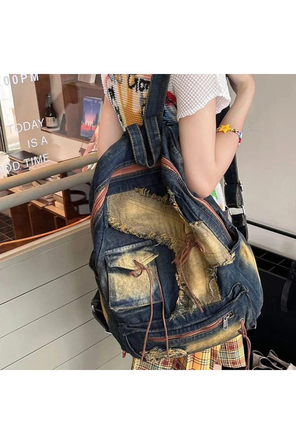 Distressed Vintage Denim Backpack - 2000s Fashion Inspired Style