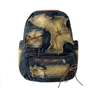 Distressed Vintage Denim Backpack - 2000s Fashion Inspired Style