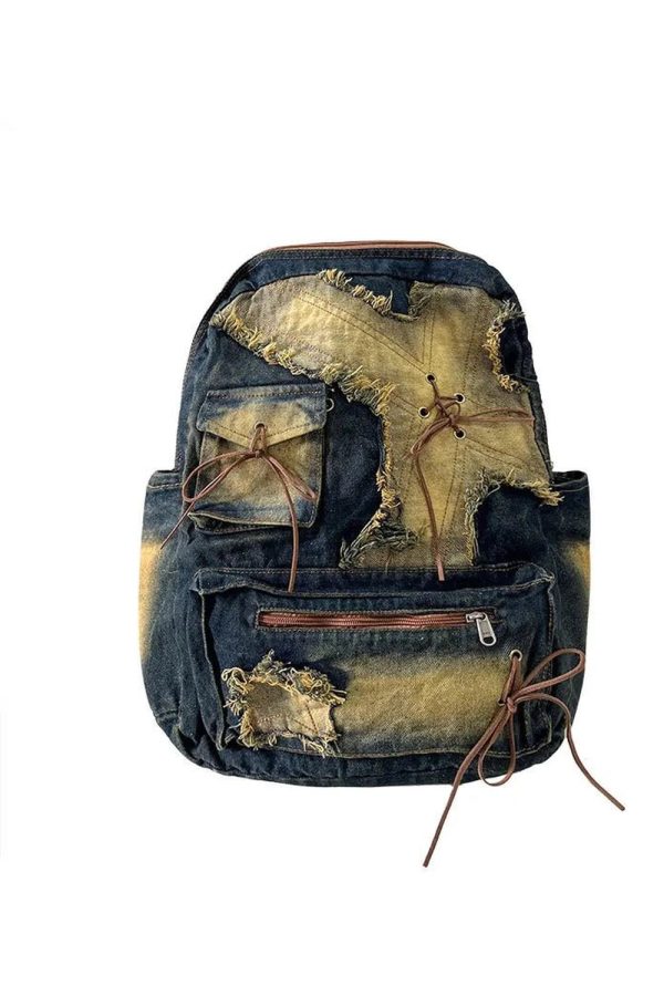 Distressed Vintage Denim Backpack - 2000s Fashion Inspired Style