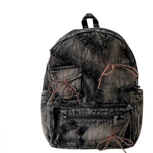 Distressed Vintage Denim Backpack - 2000s Fashion Inspired Style